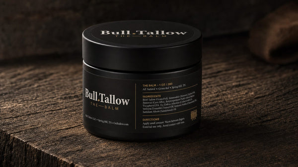 Bull Tallow THE BALM grass-fed tallow face balm 1 oz jar on wood
