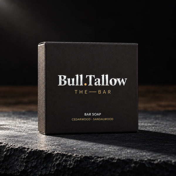Bull Tallow The Bar cedarwood and sandalwood soap box on dark slate