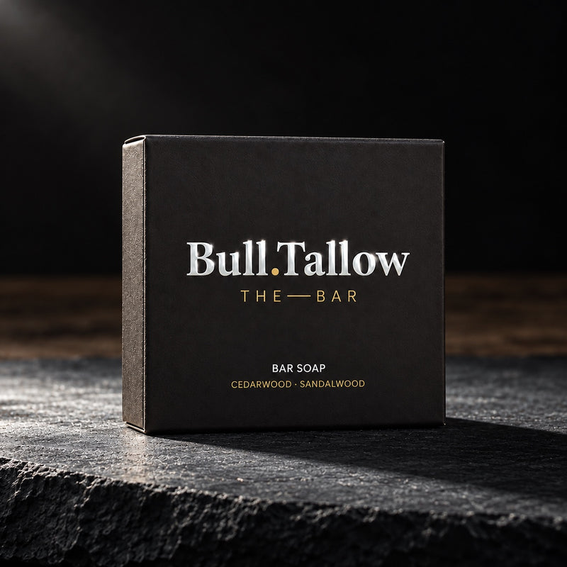 Bull Tallow The Bar cedarwood and sandalwood soap box on dark slate